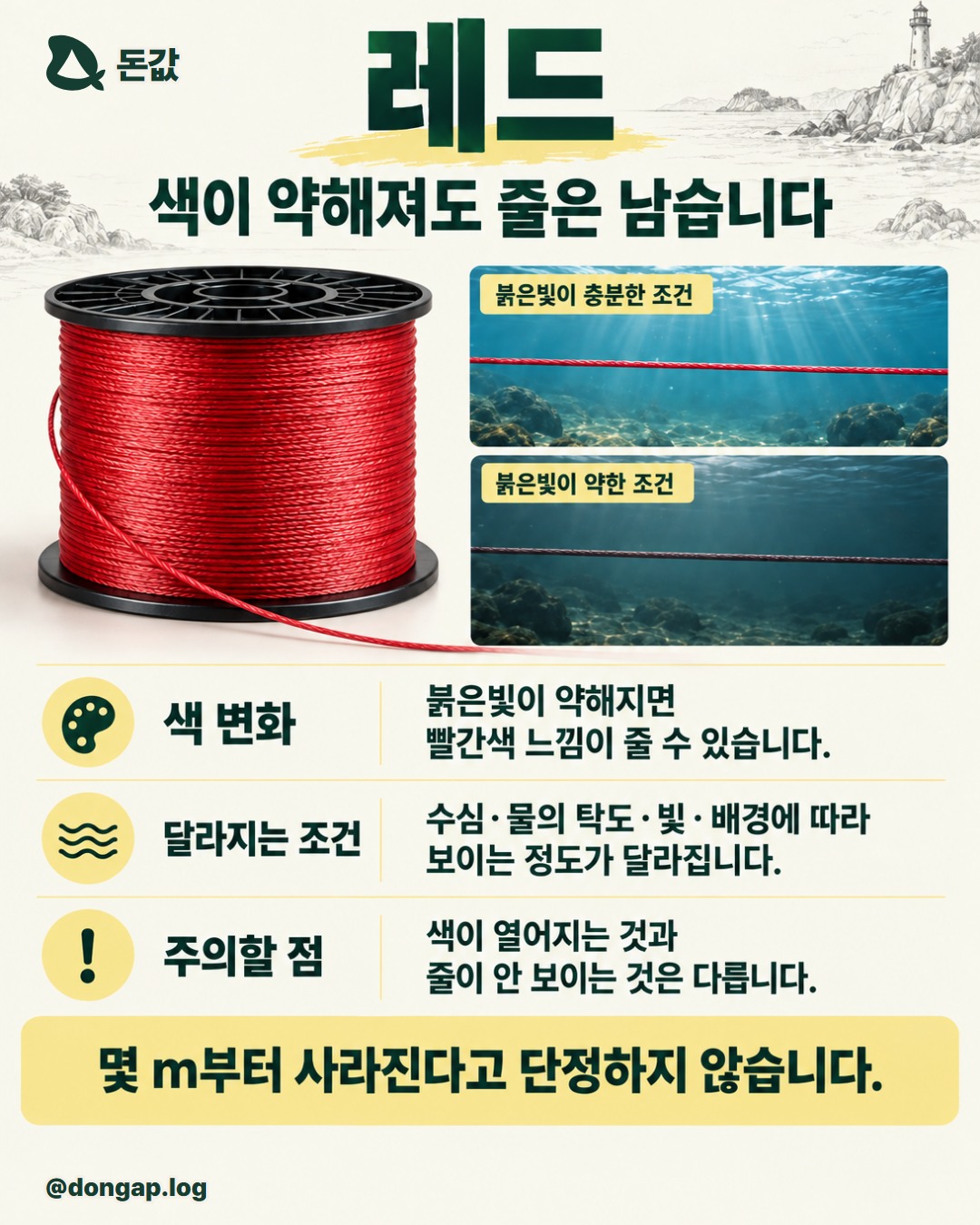 레드. 색이 약해져도 줄은 남습니다. 붉은빛이 충분한 조건 / 붉은빛이 약한 조건 색 변화: 붉은빛이 약해지면 빨간색 느낌이 줄 수 있습니다. 달라지는 조건: 수심·물의 탁도·빛·배경에 따라 보이는 정도가 달라집니다. 주의할 점: 색이 옅어지는 것과 줄이 안 보이는 것은 다릅니다. 몇 m부터 사라진다고 단정하지 않습니다.
