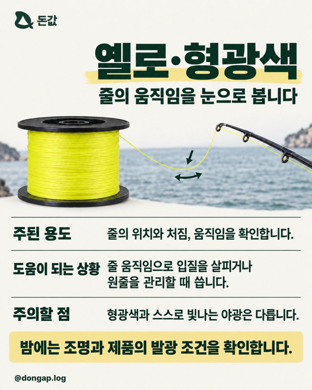 옐로·형광색. 줄의 움직임을 눈으로 봅니다. 주된 용도: 줄의 위치와 처짐, 움직임을 확인합니다. 도움이 되는 상황: 줄 움직임으로 입질을 살피거나 원줄을 관리할 때 씁니다. 주의할 점: 형광색과 스스로 빛나는 야광은 다릅니다. 밤에는 조명과 제품의 발광 조건을 확인합니다.